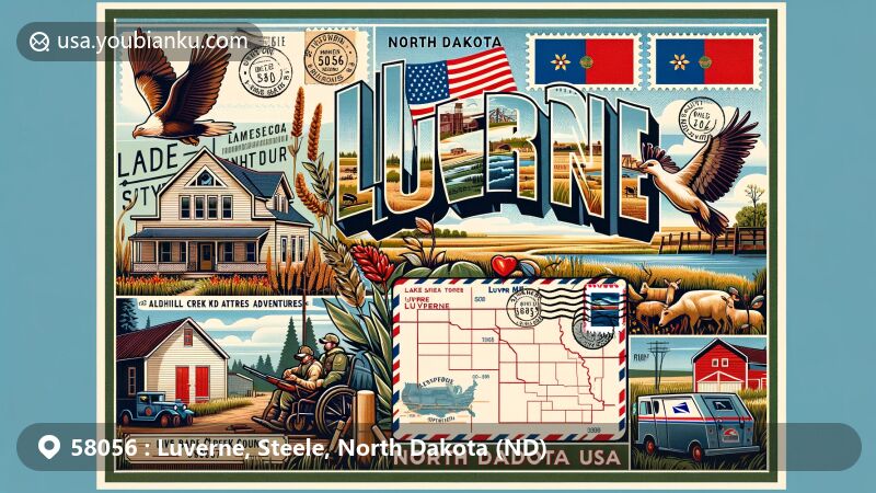 Vibrant illustration of Luverne, North Dakota, with ZIP code 58056, featuring Lake Ashtabula, Baldhill Creek Adventures, Steele County outline, and North Dakota flag.