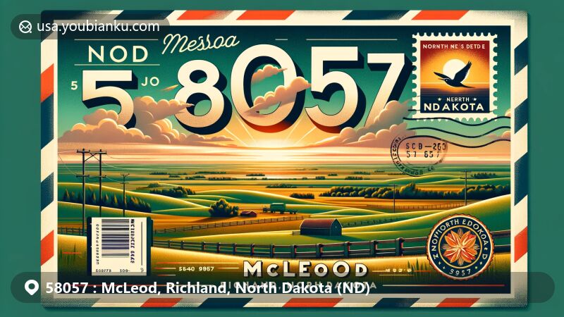 Modern illustration of ZIP code 58057, McLeod, Richland, North Dakota, featuring state flag, rural landscape, and sunset, designed as a wide postcard with postal elements.