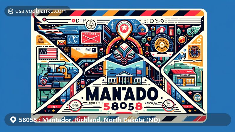 Modern illustration of Mantador, Richland County, North Dakota with ZIP code 58058, featuring airmail envelope design, Mantador Post Office, state symbols, and prominent ZIP code.