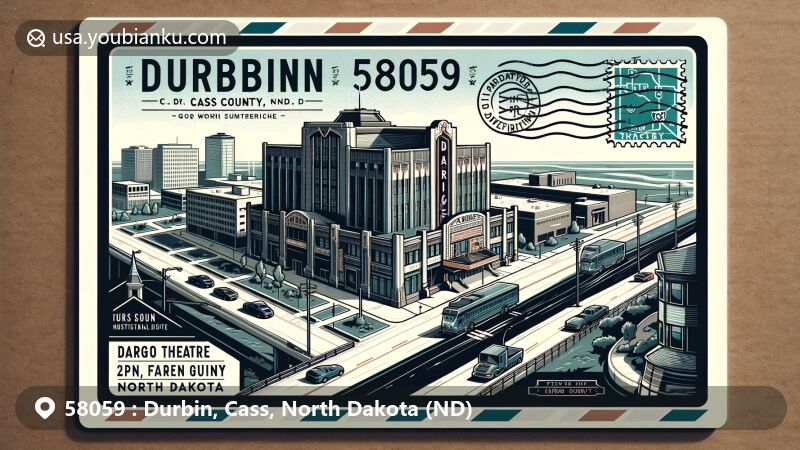 Modern illustration of Durbin area, Cass County, North Dakota, showcasing postal theme with ZIP code 58059, featuring Fargo Theatre and airmail envelope design.