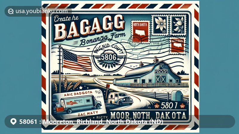 Modern illustration of Mooreton, Richland County, North Dakota, capturing ZIP code 58061, featuring Bagg Bonanza Farm, North Dakota state flag, and Richland County outline.