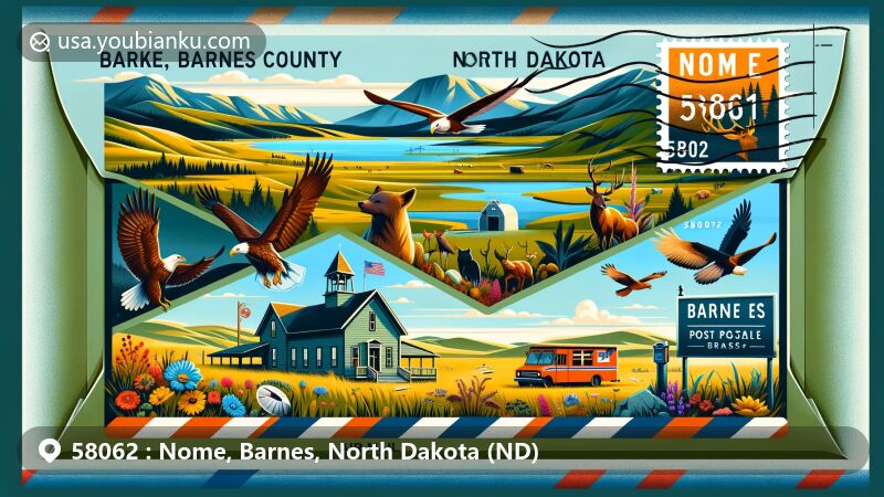 Modern illustration of Nome, Barnes County, North Dakota, presenting ZIP code 58062, featuring Nome Schoolhouse, Lake Ashtabula, Hobart Lake, and North Dakota state flag.