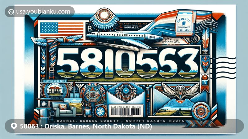 Modern illustration of Oriska, Barnes County, North Dakota, featuring air mail envelope with ZIP code 58063, North Dakota state flag, Barnes County silhouette, and Native American cultural symbols, set against a rural landscape.
