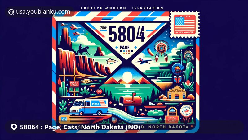 Modern illustration of Page, Cass County, North Dakota, resembling an airmail envelope with ZIP code 58064, featuring Devils Pass, Lake Sakakawea State Park, and Native American cultural symbols.