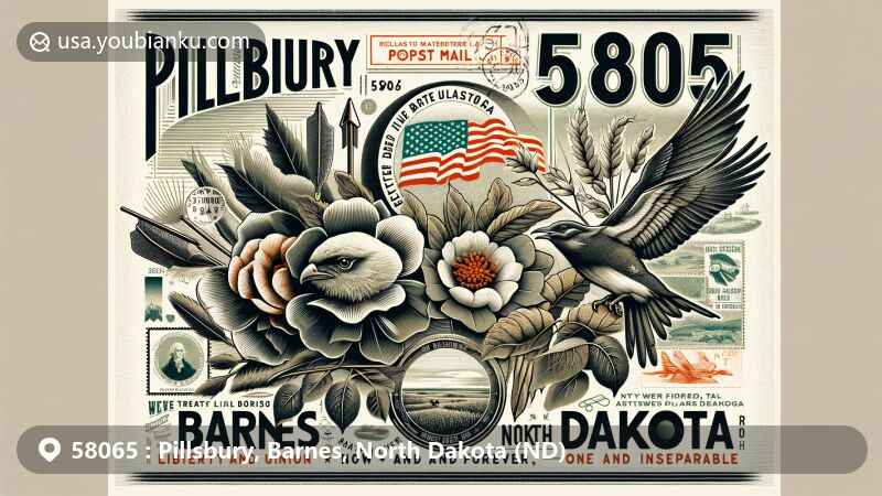 Modern illustration of Pillsbury, Barnes County, North Dakota, resembling a vintage airmail envelope with ZIP code 58065, featuring North Dakota state symbols like wild prairie rose, meadowlark, American elm, state flag, and postal attributes.