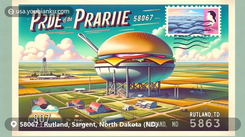 Creative postcard of Rutland, North Dakota, showcasing 'Pride of the Prairie' with giant hamburger griddle, postal theme, and ZIP code 58067, surrounded by North Dakota prairies.