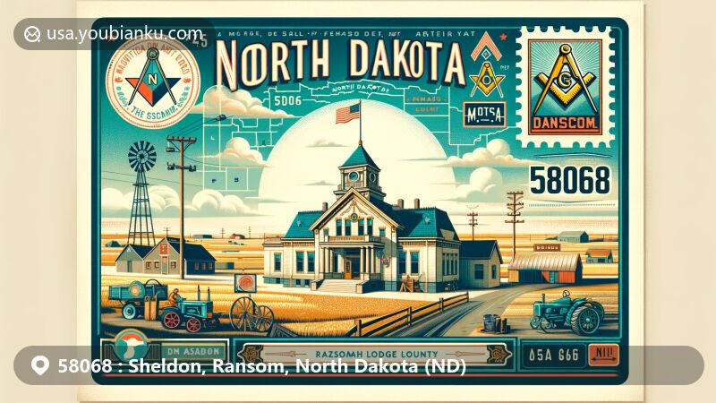 Modern illustration of Sheldon, Ransom County, North Dakota, with ZIP code 58068, featuring Masonic Mizpah Lodge Building, North Dakota state symbols, and agricultural elements.