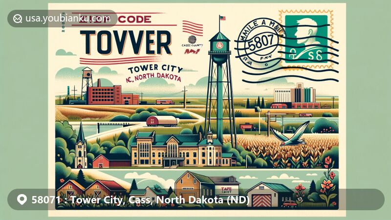 Modern illustration of Tower City, Cass County, North Dakota, showcasing postal theme with ZIP code 58071, featuring rural landscape, small-town architecture, community atmosphere, and Maple Valley High School.