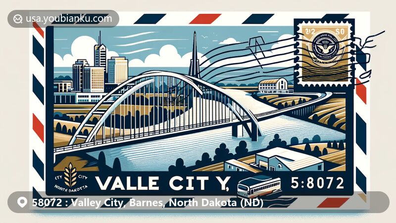 Modern illustration of Valley City, North Dakota, showcasing Sheyenne River bridge and Valley City State University campus, along with postal elements like stamps, postmarks, and the ZIP code '58072' in a postcard or airmail envelope format.