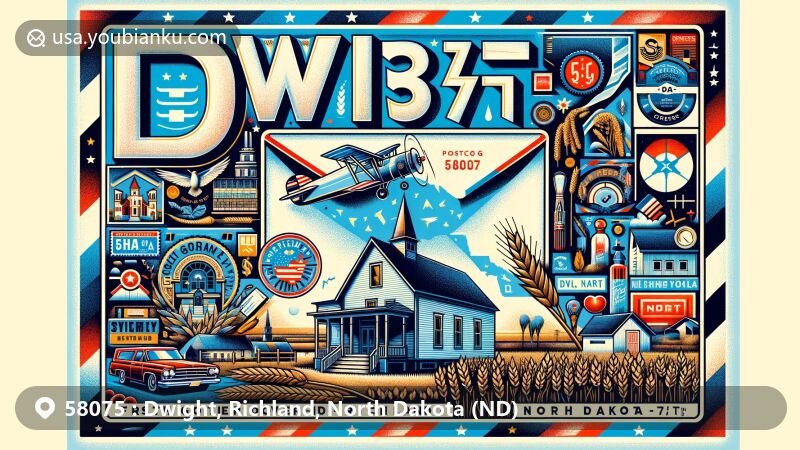 Modern illustration of Dwight, Richland, North Dakota (ND), featuring a large airmail envelope with ZIP code 58075, showcasing local landmarks like the house of the first governor, a Lutheran church, map location, and agricultural symbols.