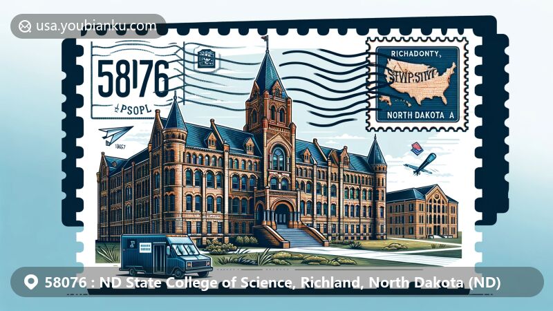 Modern illustration of the Old Main building of North Dakota State College of Science in ZIP code 58076, featuring Richardsonian Romanesque architecture and postal elements.