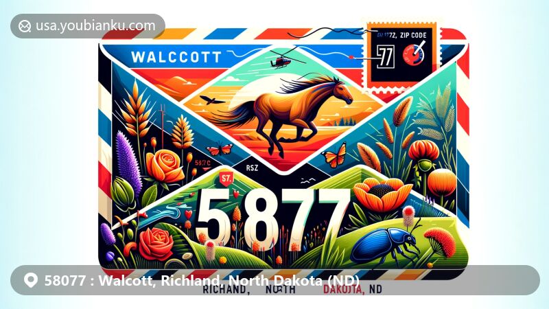 Modern illustration featuring ZIP Code 58077 for Walcott, Richland in North Dakota, showcasing a stylized airmail envelope with state symbols like Wild Prairie Rose, Nokota Horse, and local elements from Walcott region.