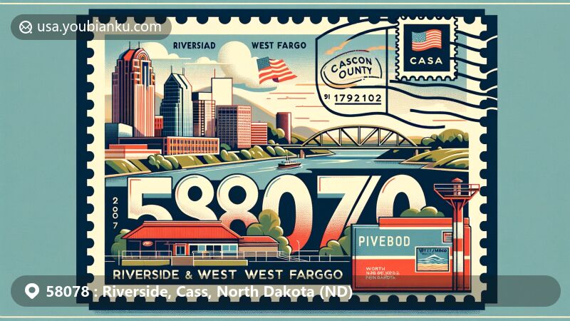 Creative illustration of West Fargo and Riverside in Cass County, North Dakota, showcasing urban landscape and unique characteristics, with a postal theme featuring postcard, stamps, and postmark incorporating ZIP code 58078.