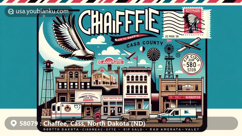Vintage illustration of Chaffee, Cass County, North Dakota, featuring postal theme with ZIP code 58079, blending historic architecture and Native American culture.