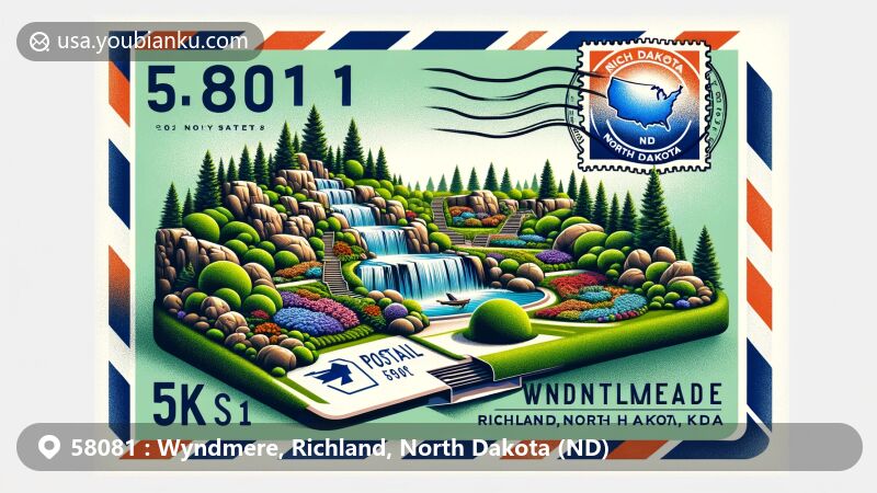Modern illustration of Wyndmere, Richland County, North Dakota, showcasing postal theme with ZIP code 58081, featuring Wyndmere Rock Garden County Park and North Dakota state flag.