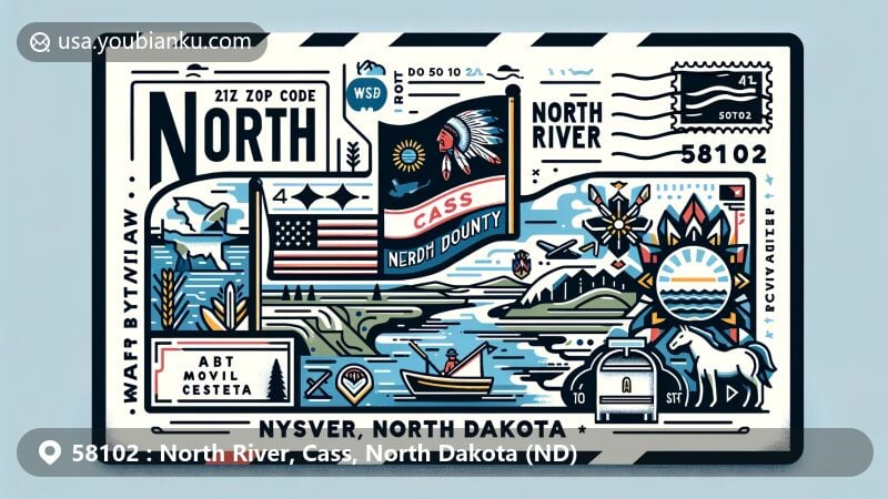 Modern illustration of North River, Cass County, North Dakota, with state flag, Native American elements, and symbols of natural beauty, featuring postal theme with ZIP code 58102.
