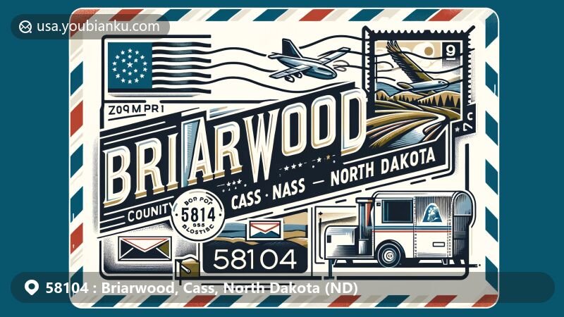 Modern illustration of Briarwood, Cass County, North Dakota, with airmail envelope design, showcasing local landscapes and postal elements.