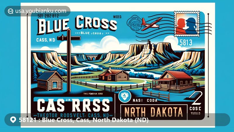 Modern illustration of Blue Cross, Cass County, North Dakota, showcasing postal theme with ZIP code 58121, featuring Cass County and North Dakota landmarks like Pembina Gorge, White Butte, Maltese Cross Cabin, and the North Dakota Heritage Center.