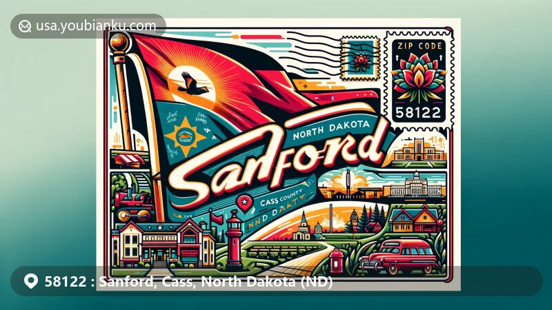 Modern illustration of Sanford, Cass County, North Dakota, featuring ZIP code 58122 and state flag, with a detailed outline of Cass County and local cultural elements.