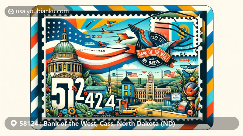 Modern illustration of Bank of the West, Cass County, North Dakota, showcasing postal theme with ZIP code 58124, featuring North Dakota state flag on a vibrant postage stamp.