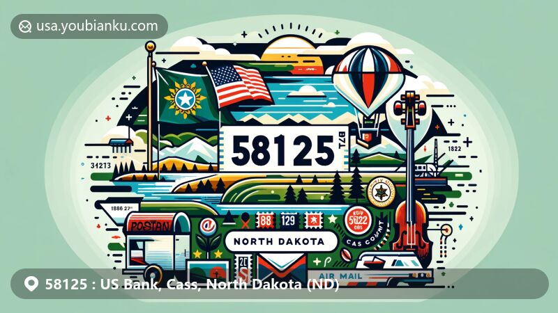 Modern illustration of US Bank in Cass County, North Dakota, showcasing blend of state flag, local landscape, and regional cultural symbols, with postal theme depicting postcard design, stamps, postmark, mail vehicle, and mailbox.