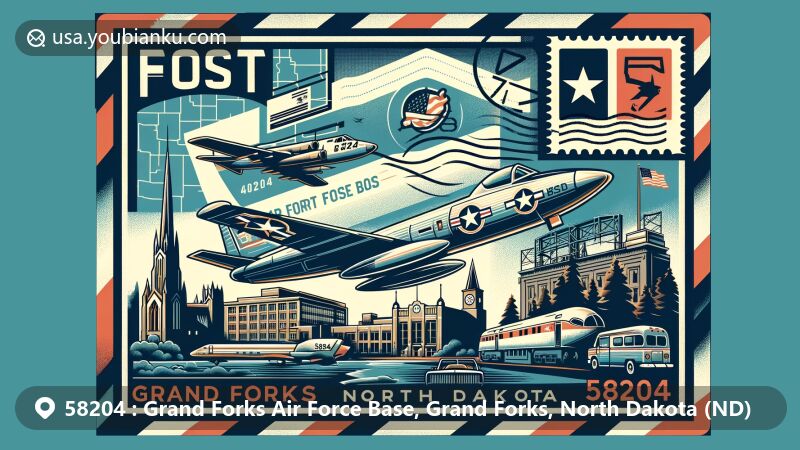 Modern illustration of Grand Forks Air Force Base, Grand Forks, North Dakota, capturing postal theme with ZIP code 58204, featuring symbolic aircraft and North Dakota state flag.