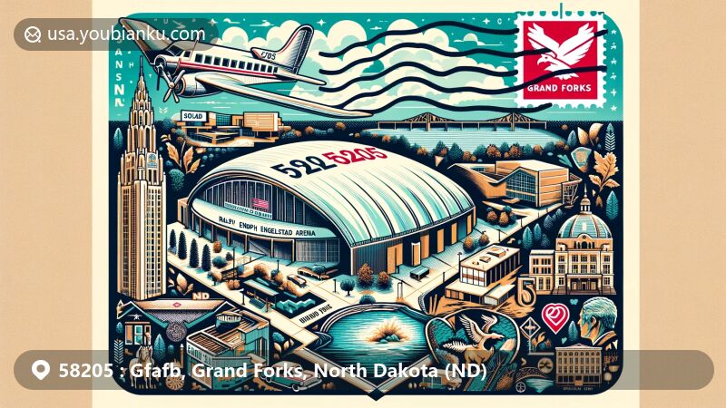 Modern illustration of ZIP code 58205 in Grand Forks, North Dakota, featuring vintage airmail envelope with prominent '58205' stamp, showcasing landmarks like Ralph Engelstad Arena, historic flood memorial, and Red River.
