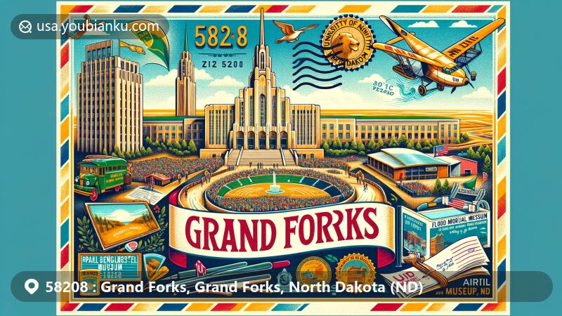 Modern illustration of Grand Forks, North Dakota, showcasing postal theme with ZIP code 58208, featuring University of North Dakota, Ralph Engelstad Arena, Myra Museum, Flood Memorial Monument, and North Dakota state symbols.