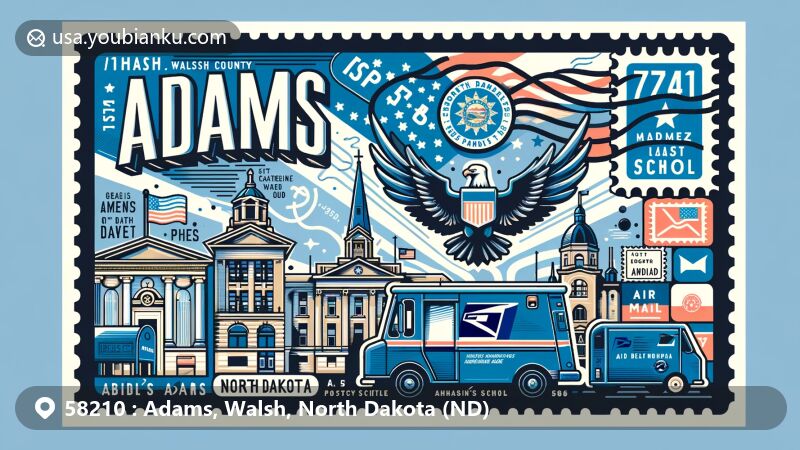 Modern illustration of Adams, Walsh County, North Dakota, showcasing postal theme with ZIP code 58210, featuring Pisek School, St. Catherine's Church of Lomice, and North Dakota state flag.