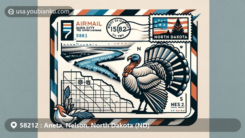 Modern illustration of Aneta, Nelson, North Dakota, highlighting postal theme with ZIP code 58212, featuring airmail envelope and local symbols like the Sheyenne River and turkey barbecue event.
