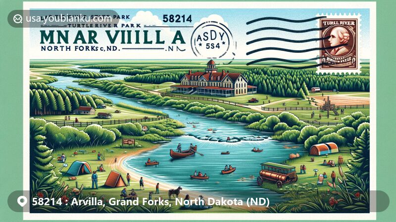 Modern illustration of Arvilla, Grand Forks County, North Dakota, featuring Turtle River State Park with lush greenery, flowing river, and outdoor activities. Includes historical Hersey 'Bonanza' Farm with mansion and farming scenes, vintage stamp, and postmark '58214 Arvilla, ND'.