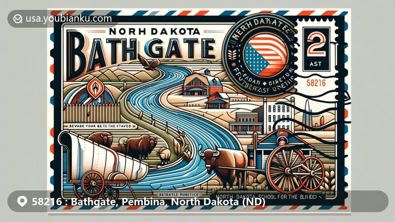 Modern illustration for ZIP code 58216, Bathgate, Pembina County, North Dakota, resembling airmail envelope. Features Tongue River and Red River ox carts, representing regional history. Includes former North Dakota School for the Blind turned publishing house, Métis cultural elements. Design incorporates stamp with ZIP code, postmark, and American national symbols.