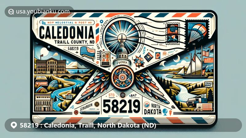 Modern illustration of Caledonia, Traill County, North Dakota, depicting a creatively designed airmail envelope with symbolic elements reflecting the regional identity, including the Goose River and historic landmarks, centered around ZIP code 58219.