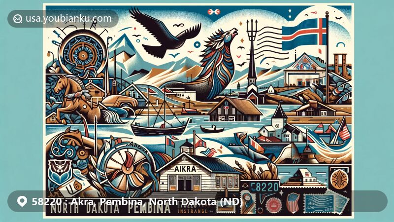 Wide-format illustration merging Akra and Pembina regional features with postal elements, highlighting Akra's Icelandic heritage, Pembina State Museum, and North Dakota state flag.