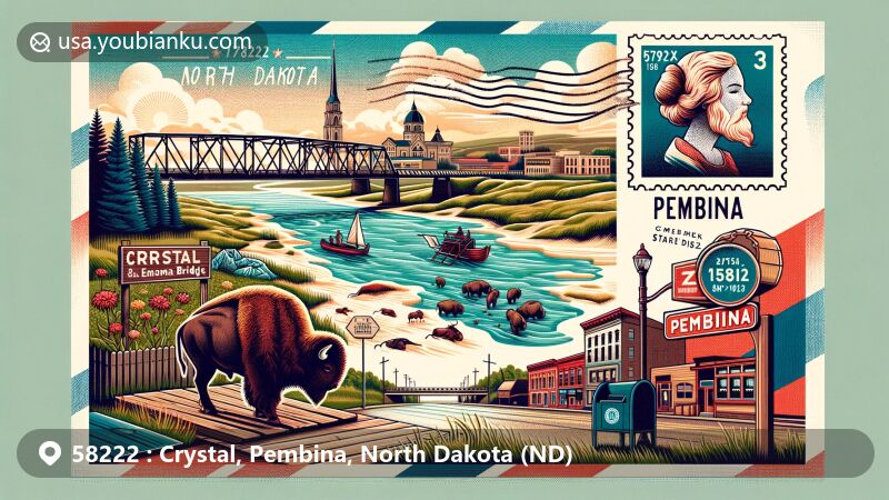 Modern postcard-style illustration showcasing Crystal and Pembina, North Dakota, with postal elements and historic symbols, highlighting ZIP code 58222.