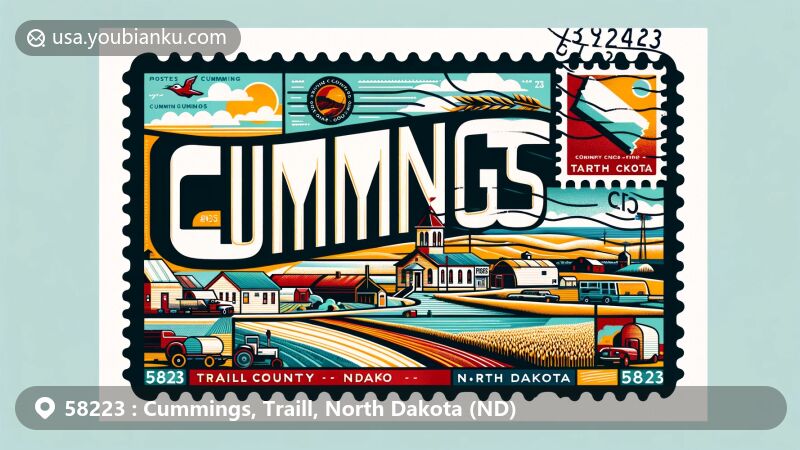 Modern illustration of Cummings, Traill County, North Dakota, featuring postal theme with ZIP code 58223, showcasing agricultural landscape and Red River.