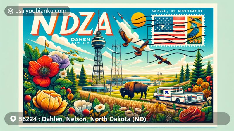 Modern illustration of Dahlen, Nelson, North Dakota, showcasing postal theme with ZIP code 58224, featuring WDAZ TV Tower, North Dakota landscapes, and state symbols.