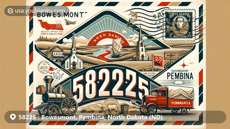 Modern illustration of Bowesmont and Pembina, North Dakota, featuring vintage airmail envelope with ZIP code 58225, showcasing local history with Red River, ox cart, church, state flag, and postal symbols.