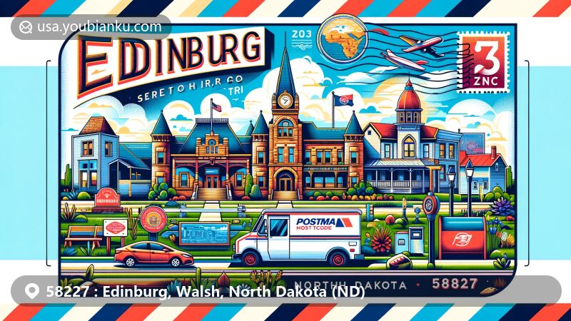 Modern illustration of Edinburg, North Dakota, featuring a postal theme with ZIP code 58227, showcasing town's charm with welcome sign, historical buildings, and a scenic park.