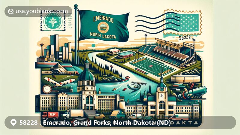 Modern illustration of Emerado and Grand Forks, North Dakota, depicting unique regional features in postcard style, incorporating the state flag symbolizing military history and glory, iconic landmarks of Grand Forks including university campus, sports facilities, scenic Red River, parks, natural landscapes, educational facilities and town environment of Emerado, postal elements like stamps, postmarks, ZIP Code 58228, mailboxes, and postal trucks integrated into the design, blending regional characteristics with postal theme.