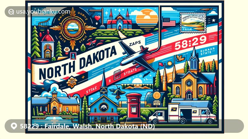 Modern illustration of Fairdale, North Dakota, depicting ZIP code 58229 in a vibrant airmail envelope with North Dakota state flag and iconic local landmarks like St. John Nepomucene Catholic Church and Pembina Gorge State Recreation Area.