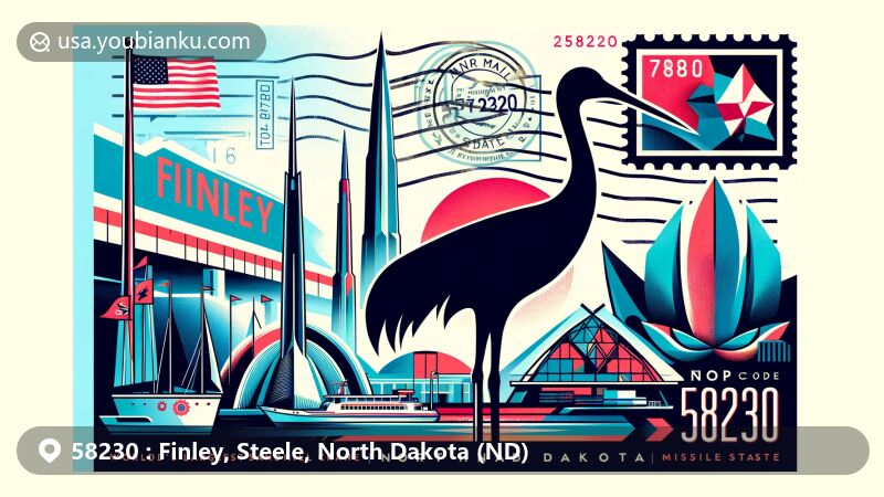 Vibrant illustration of Finley area, North Dakota, with postal theme for ZIP code 58230, featuring Sandhill Crane statue, Minuteman Missile State Historic Site, and North Dakota state flag.