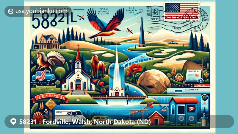 Artistic depiction of Fordville, Walsh County, North Dakota with ZIP code 58231, resembling a postcard or airmail envelope, featuring landmarks like Larimore golf course, Turtle River State Park, St. Mary's Catholic Church, and Fordville Dam, as well as North Dakota state symbols.