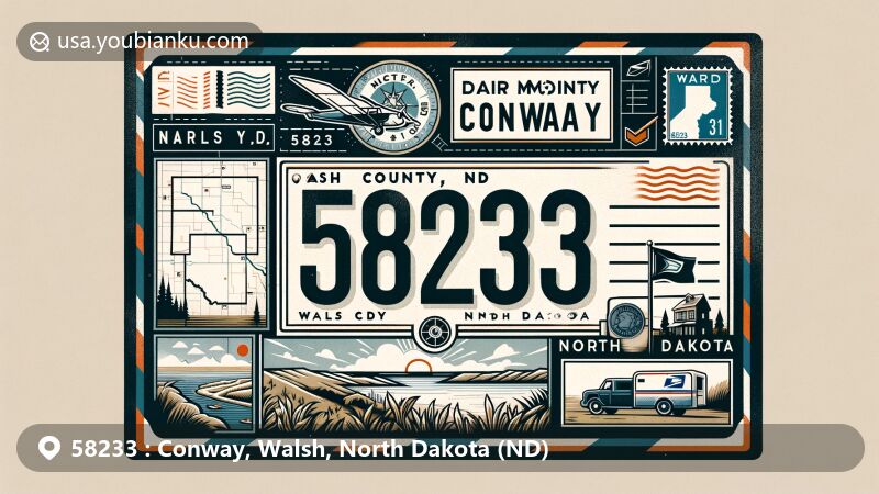 Modern illustration of Conway, Walsh County, North Dakota, showcasing postal theme with ZIP code 58233, featuring North Dakota state symbols and Conway's rural landscape.