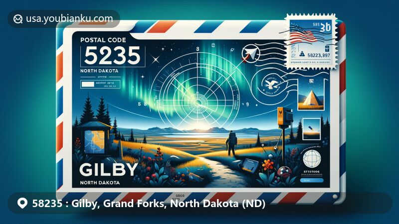 Modern illustration of Gilby, North Dakota, featuring airmail envelope design with Northern Lights and geocaching activity, showcasing town's beauty and unique local culture.