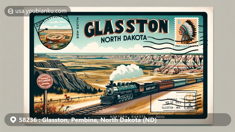 Modern illustration of Glasston, North Dakota, featuring vintage train, Badlands Overlook, and Native American cultural elements, with postcard design including postage stamp and postmark with ZIP code 58236.