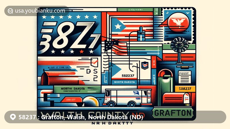 Modern illustration of Grafton, Walsh County, North Dakota, inspired by postal theme with ZIP code 58237, featuring North Dakota state flag, map of Walsh County, and essentials like mailbox and postal van.