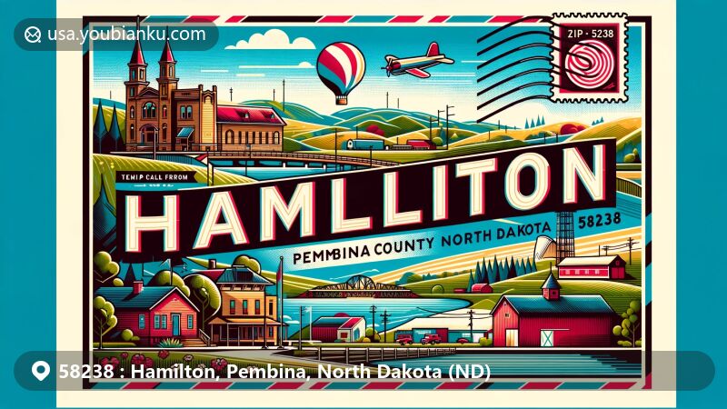 Modern illustration of Hamilton, Pembina County, North Dakota, featuring key landmarks and cultural elements, including city buildings, Pembina County Fairgrounds, and scenic natural beauty.