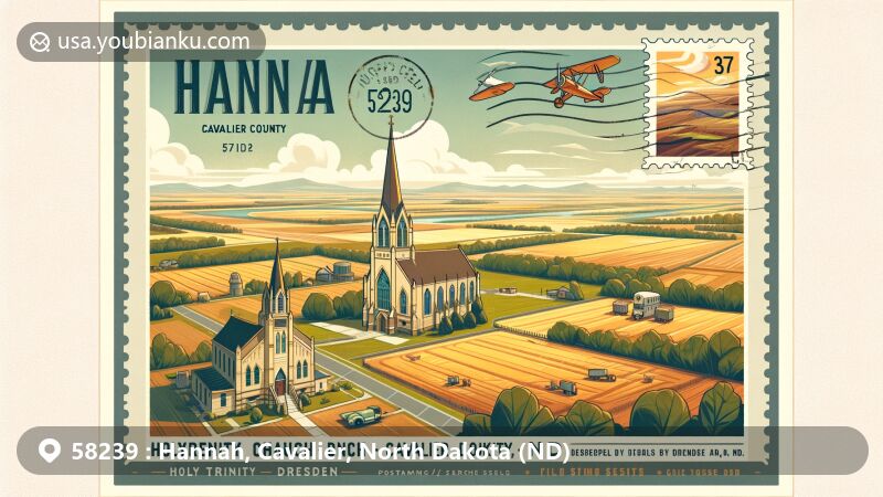 Modern illustration of Hannah, Cavalier County, North Dakota, representing ZIP code 58239, featuring vast prairies, rolling hills, and Holy Trinity Church at Dresden.