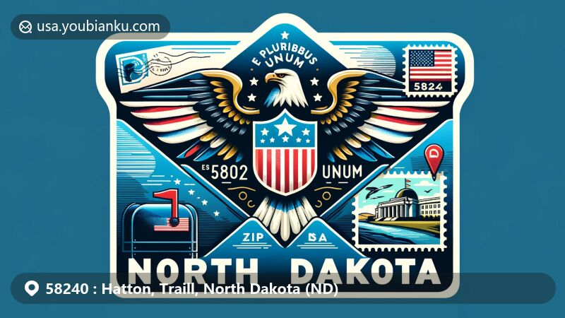 Creative illustration of airmail envelope with North Dakota state flag and bald eagle, featuring iconic Hatton, ND landmark and postal elements.